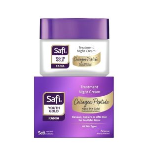Safi Youth Gold Rania Treatment Night Cream (Nano 24K Gold Curcumin Complex နှင့် Collagen Peptide တို့ ပါဝင်ပြီး ညဘက်အိပ်စက်ချိန်တွင် အသားအရေကို အသစ်တဖန် ပြန်လည်ဆန်းသစ်ပေးကာ အရေးအကြောင်းများကို သက်သာစေပြီး တင်းရင်းနုပျိုစေသည့်၊ အသားတင်အလေးချိန် 45g၊ Made in Malaysia)