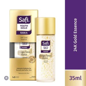Safi Youth Gold Rania 24K Gold Essence (၂၄ ကရက် ရွှေအနှစ်၊ ကော်လာဂျင် ပက်ပ်တိုက်နှင့် နာနိုရွှေ-နနွင်းအနှစ်တို့ ပါဝင်ပြီး အသားအရေကို ရေဓာတ်အပြည့်အဝဖြည့်တင်းပေးကာ ချောမွေ့နူးညံ့စေသော၊ အသားတင်ပမာဏ 35ml၊ Made in Malaysia)