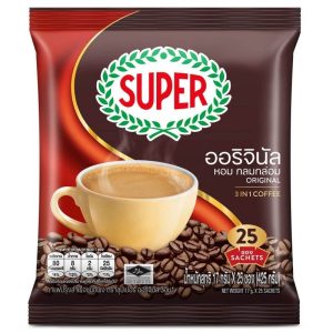 SUPER Coffee 3 in 1 Original (အရည်အသွေးမြင့် ကော်ဖီစေ့အနှစ်၊ ခရင်မ်မာနှင့် သကြားတို့ကို မူရင်း အချိုးအစားကျကျ ပေါင်းစပ်ထုတ်လုပ်ထားပြီး စိမ့်မွှေးမွှေး ရနံ့နှင့် ချိုစိမ့်ခါးသက်သော ၃ အင် ၁ ကော်ဖီ အရသာစစ်စစ်ကို ပေးစွမ်းနိုင်သော၊ ၁ ထုပ်လျှင် ၁၇ ဂရမ်ဖြင့် အထုတ် ၂၅ ထုပ် ပါဝင်ကာ အသားတင်အလေးချိန် 425g၊ Thailand နိုင်ငံထုတ်)