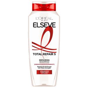 L'Oréal Paris Elseve Total Repair 5 Repairing Shampoo (ဆံသားကို ပြန်လည်ပြုပြင်ပေးနိုင်သော 3% Repair Concentrate နှင့် Keratin (ကရာတင်) ပါဝင်ပြီး ပျက်စီးနေသော ဆံသားပြဿနာ ၅ ရပ်ကို တစ်ပြိုင်နက် ဖြေရှင်းပေးကာ ဆံသားကို ကျန်းမာသန်စွမ်းစေသော ခေါင်းလျှော်ရည်၊ ပျက်စီးနေသော ဆံသားများအတွက် အထူးသင့်တော်သော၊ ထိုင်း/အင်ဒိုနီးရှား နိုင်ငံထုတ်)