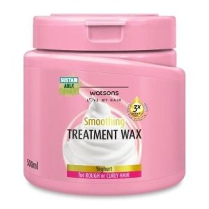 Watsons Smoothing Treatment Wax Yoghurt (ဒိန်ချဉ် (Yogurt) အဆီအနှစ်၊ အမိုင်နိုအက်စစ်၊ ဘိုင်အိုတင်နှင့် ကရာတင်တို့ ပါဝင်ပြီး ကြမ်းတမ်းသော ဆံသားနှင့် ကောက်ကွေးသော ဆံသားများကို နူးညံ့ချောမွေ့စေကာ ၃ ဆ အားဖြည့်ပြုပြင်ပေးသော ဆံပင်ပေါင်းဆေး၊ ပမာဏ 500ml၊ ထိုင်းနိုင်ငံထုတ်)