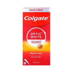 Colgate Optic White Volcanic Mineral Toothpaste (Value 2 Pack) (မီးတောင်သတ္တုဓာတ် ပါဝင်ပြီး သွားမျက်နှာပြင်ပေါ်ရှိ ချေးများကို ဖယ်ရှားပေးကာ ၇ ရက်အတွင်း သွားများကို ဖြူစင်ဝင်းပစေသော၊ သွားကြွေလွှာကို ထိခိုက်မှုမရှိစေဘဲ လုံခြုံစိတ်ချစွာ အသုံးပြုနိုင်သည့် သွားတိုက်ဆေး၊ ၂ ဘူးပါ Value Pack အထူးထုတ်၊ ထိုင်းနိုင်ငံထုတ်)