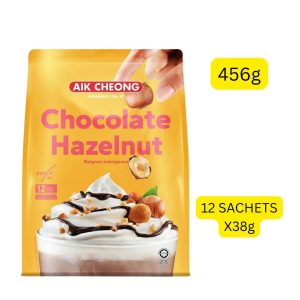 Aik Cheong Chocolate Hazelnut (အရည်အသွေးမြင့် ဘယ်လ်ဂျီယံချောကလက်အရသာနှင့် ဟေဇယ်နတ် (Hazelnut) အစေ့အနှစ်တို့ ပေါင်းစပ်ပါဝင်ပြီး စိတ်ဖိစီးမှုကို ပြေပျောက်စေကာ ခွန်အားဖြည့်တင်းပေးသော အသင့်ဖျော် ချောကလက်ယမကာ၊ အလေးချိန် 456g (38g ပါ အထုပ်ငယ် ၁၂ ထုပ်ပါဝင်သည်)၊ မလေးရှားနိုင်ငံထုတ်)
