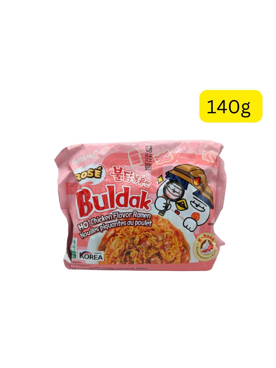 Samyang Buldak Rosé Hot Chicken Flavor Ramen (ကိုရီးယားစတိုင် စပ်ရှိန်းရှိန်း ကြက်သားအရသာနှင့် ဆိမ့်ပြီးမွှေးသော ခရင်မ်အရသာ ပေါင်းစပ်ထားသည့် ရိုဇေး (Rosé) ခေါက်ဆွဲထုပ်၊ ပမာဏ ၁၄၀ ဂရမ် (140g) ပါဝင်သည်၊ ကိုရီးယားနိုင်ငံထုတ် နာမည်ကြီး Samyang အမှတ်တံဆိပ်၊ Halal အသိအမှတ်ပြု)