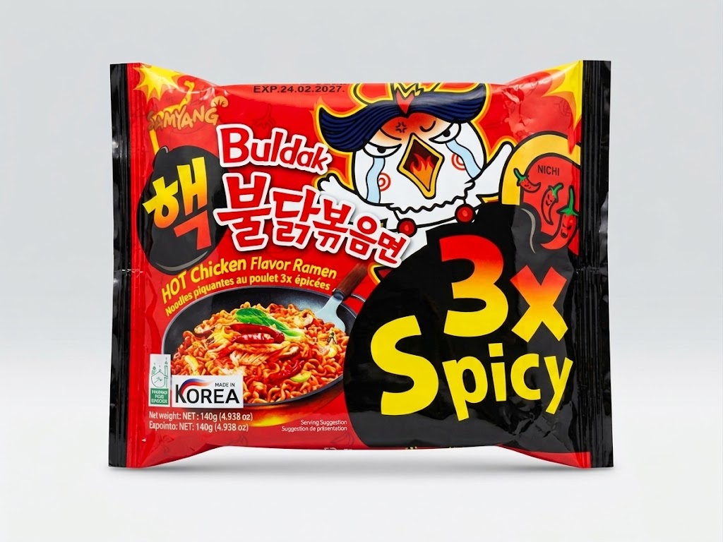 Samyang Buldak Hot Chicken Flavor Ramen 3x Spicy (သာမန် Samyang ခေါက်ဆွဲထက် ၃ ဆ ပိုမိုစပ်ဟပ်သော ကိုရီးယားစတိုင် ကြက်သားအရသာ ခေါက်ဆွဲခြောက်ထုပ်၊ အစပ်လွန်ကဲမှုကို စိန်ခေါ်ချင်သူများအတွက် အထူးသင့်လျော်သည်၊ ပမာဏ ၁၄၀ ဂရမ် (140g) ပါဝင်သည်၊ ကိုရီးယားနိုင်ငံထုတ် နာမည်ကြီး Samyang အမှတ်တံဆိပ်၊ Halal အသိအမှတ်ပြု)
