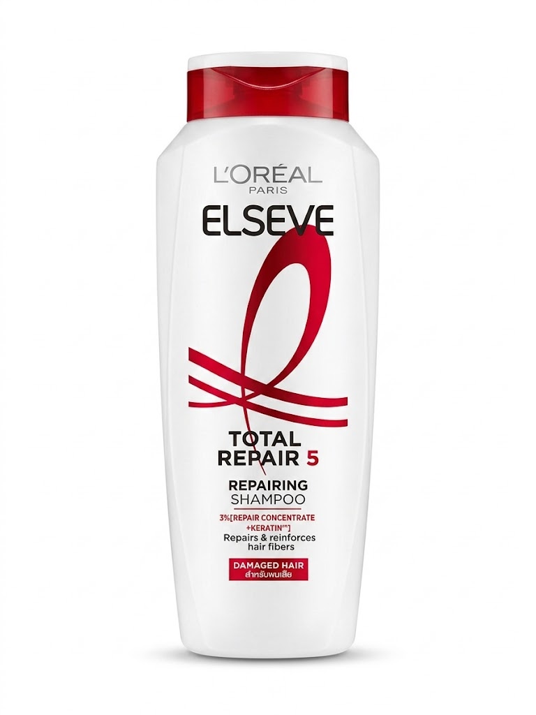 L'OREAL Paris ELSEVE Total Repair 5 Repairing Shampoo (ဆံသားပျက်စီးခြင်း လက္ခဏာ ၅ ရပ်ကို ပြုပြင်ပေးနိုင်သော Keratin ပါဝင်သည့် ခေါင်းလျှော်ရည်၊ ပမာဏ ၂၀၀ မီလီလီတာ (200ml) ပါဝင်သည်၊ နာမည်ကြီး ပြင်သစ်အမှတ်တံဆိပ် L'Oreal မှ ထုတ်လုပ်သည်)