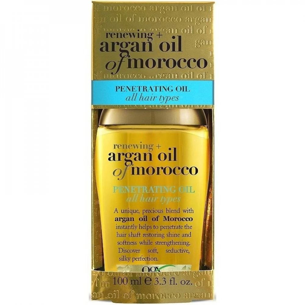OGX Renewing + Argan Oil of Morocco Penetrating Oil (မော်ရိုကိုနိုင်ငံထွက် အာဂန်ဆီ (Argan Oil) ပါဝင်ပြီး ဆံသားအတွင်းပိုင်းထိ စိမ့်ဝင်ကာ ဆံသားကို တောက်ပနူးညံ့စေပြီး ခိုင်ခံ့စေသော ဆံပင်လိမ်းဆီ၊ ပမာဏ ၁၀၀ မီလီလီတာ (100ml) ပါဝင်သည်၊ ဆံသားအမျိုးအစားအားလုံးအတွက် သင့်လျော်သည်)